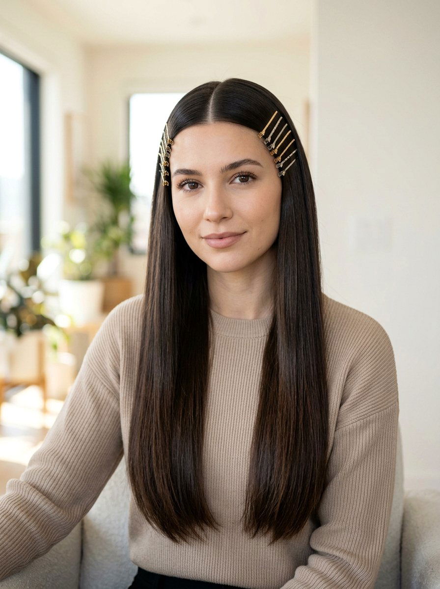 Sleek Pin Straight Haircut With Center Part And Hair Pins - 20 pin straight haircut with center part - 20 pin straight haircut with center part