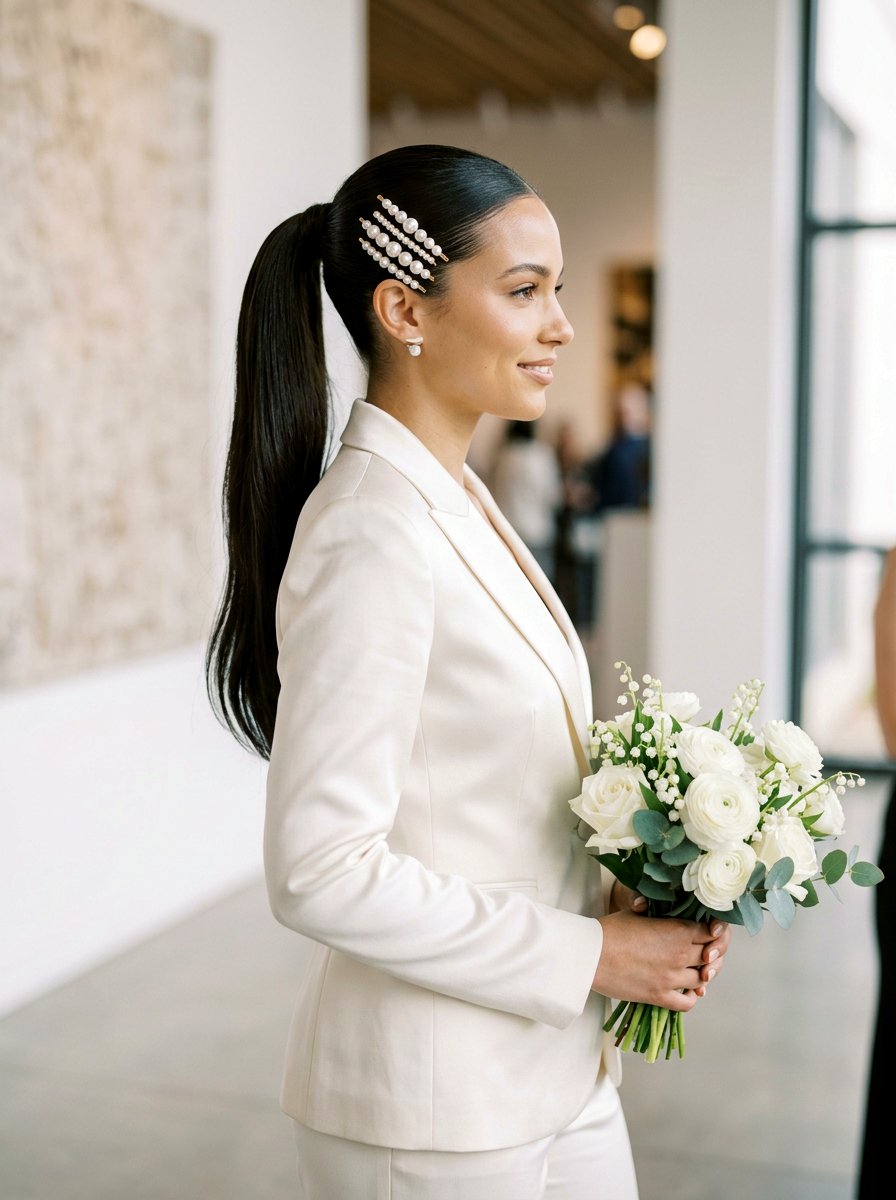 Sleek Ponytail Pearl Clips - 20 wedding hairstyles with pearl clips - 20 wedding hairstyles with pearl clips