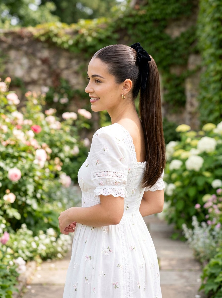 Sleek Ponytail With Bow Accessory - 20 date night hairstyle with soft glam ponytail - 20 date night hairstyle with soft glam ponytail