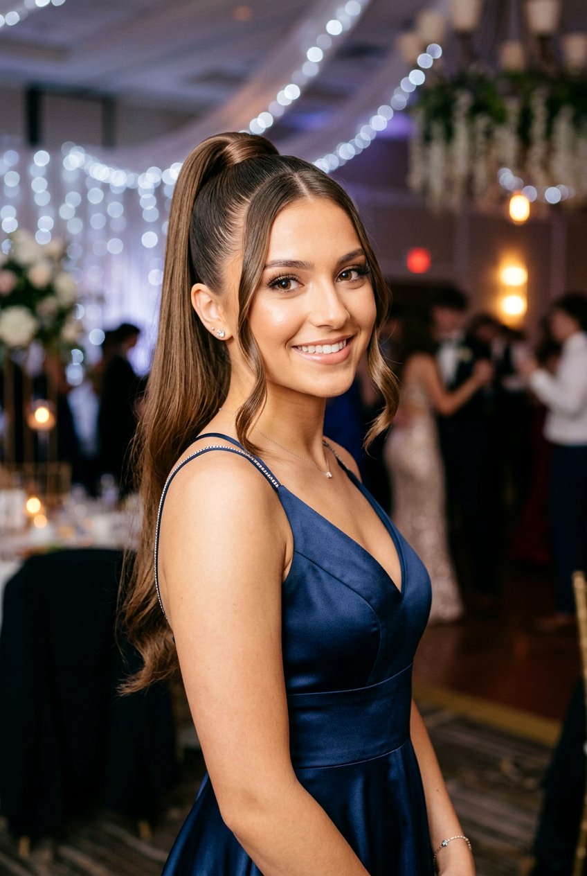 Sleek Ponytail With Face Framing Strands - 20 prom hairstyle with sleek ponytail - 20 prom hairstyle with sleek ponytail