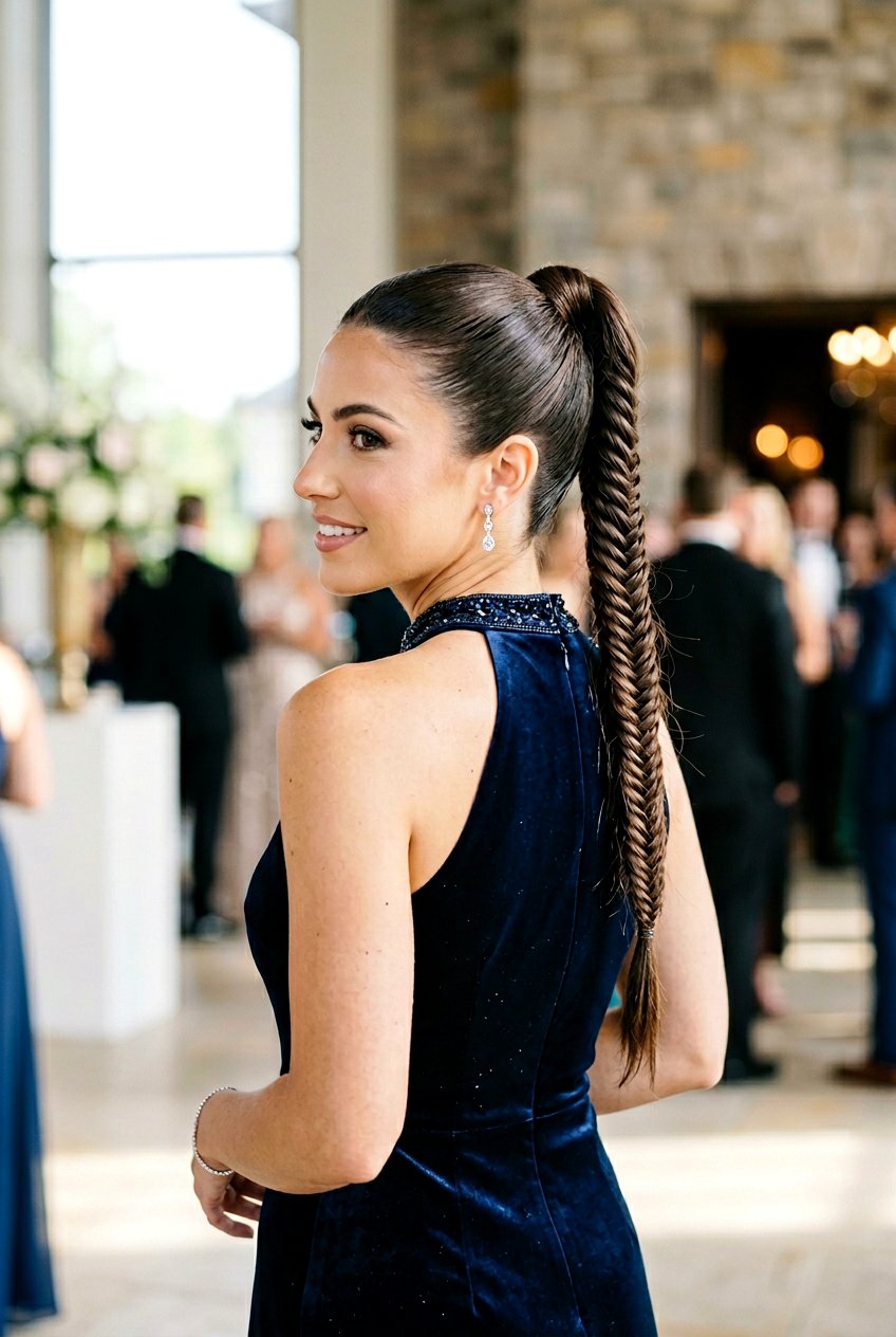 Sleek Ponytail With Fishtail Braid - 20 prom hairstyle with sleek ponytail - 20 prom hairstyle with sleek ponytail