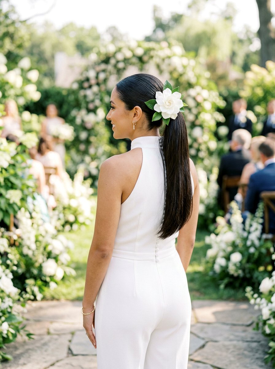 Sleek Ponytail With Gardenia - 20 wedding hairstyles with flowers - 20 wedding hairstyles with flowers