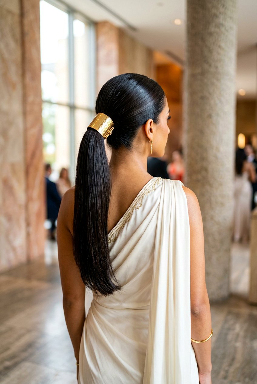 Sleek Ponytail With Gold Cuffs - 20 prom hairstyle with sleek ponytail - 20 prom hairstyle with sleek ponytail