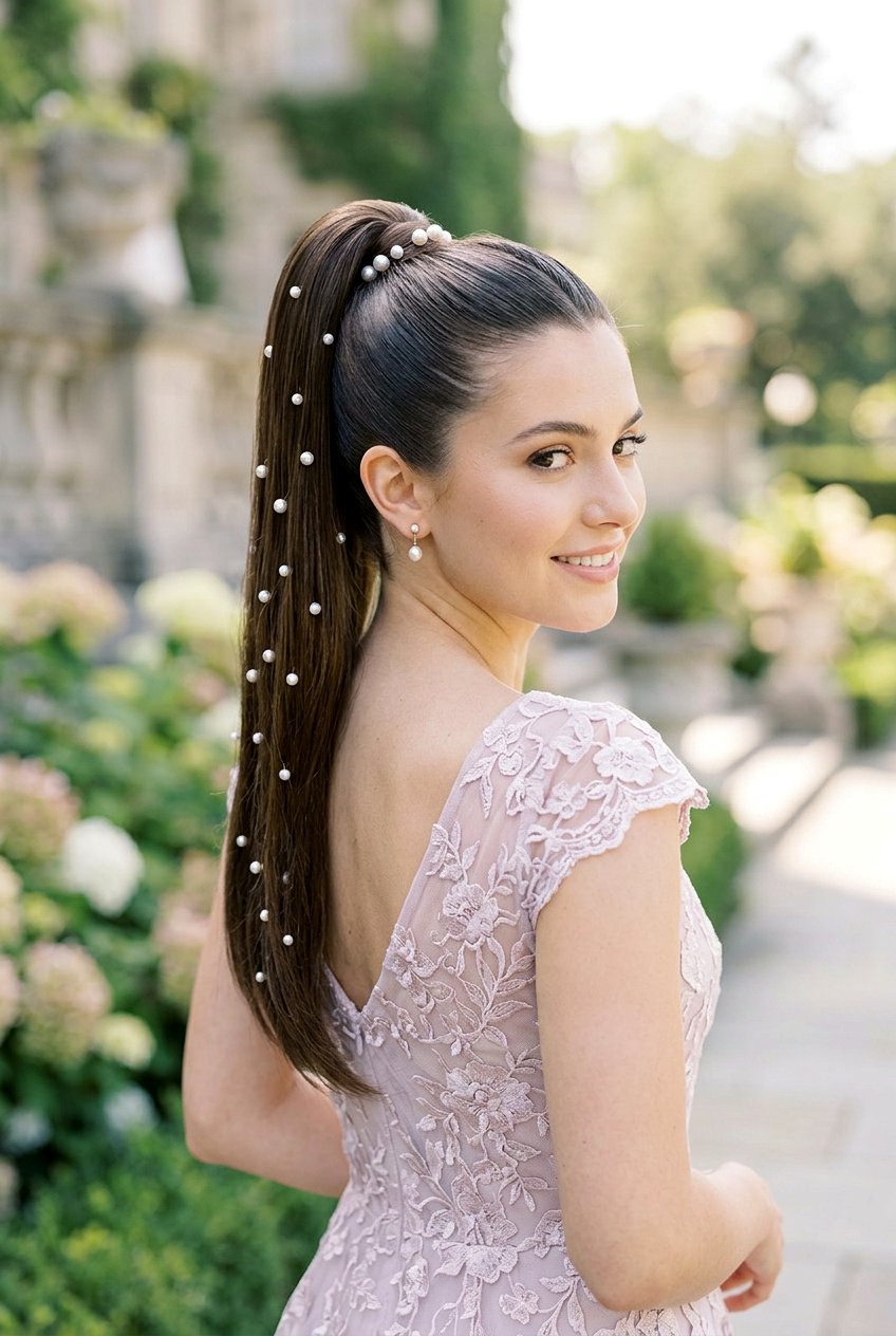 Sleek Ponytail With Pearl Accents - 20 prom hairstyle with sleek ponytail - 20 prom hairstyle with sleek ponytail