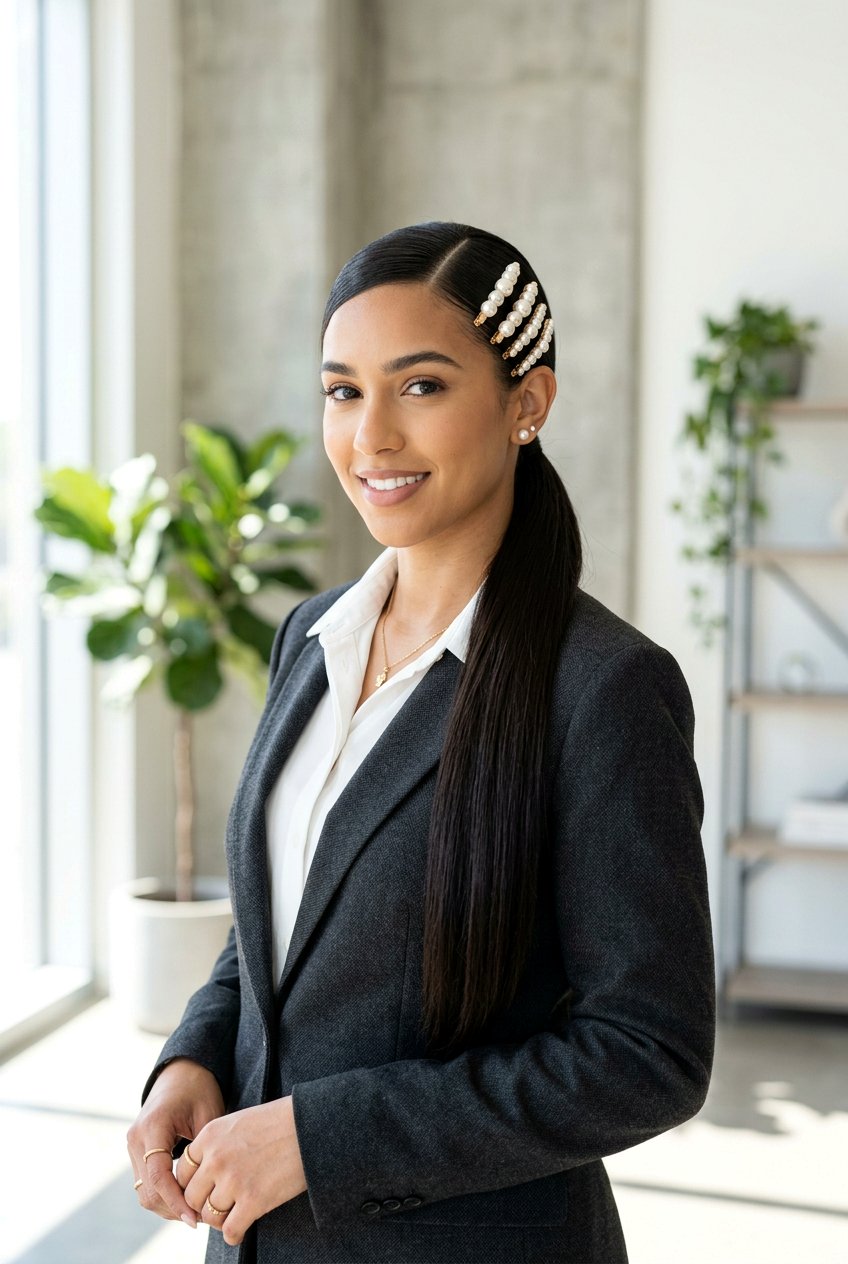 Sleek Ponytail With Pearl Clips - 20 pearl clip hairstyles - 20 pearl clip hairstyles