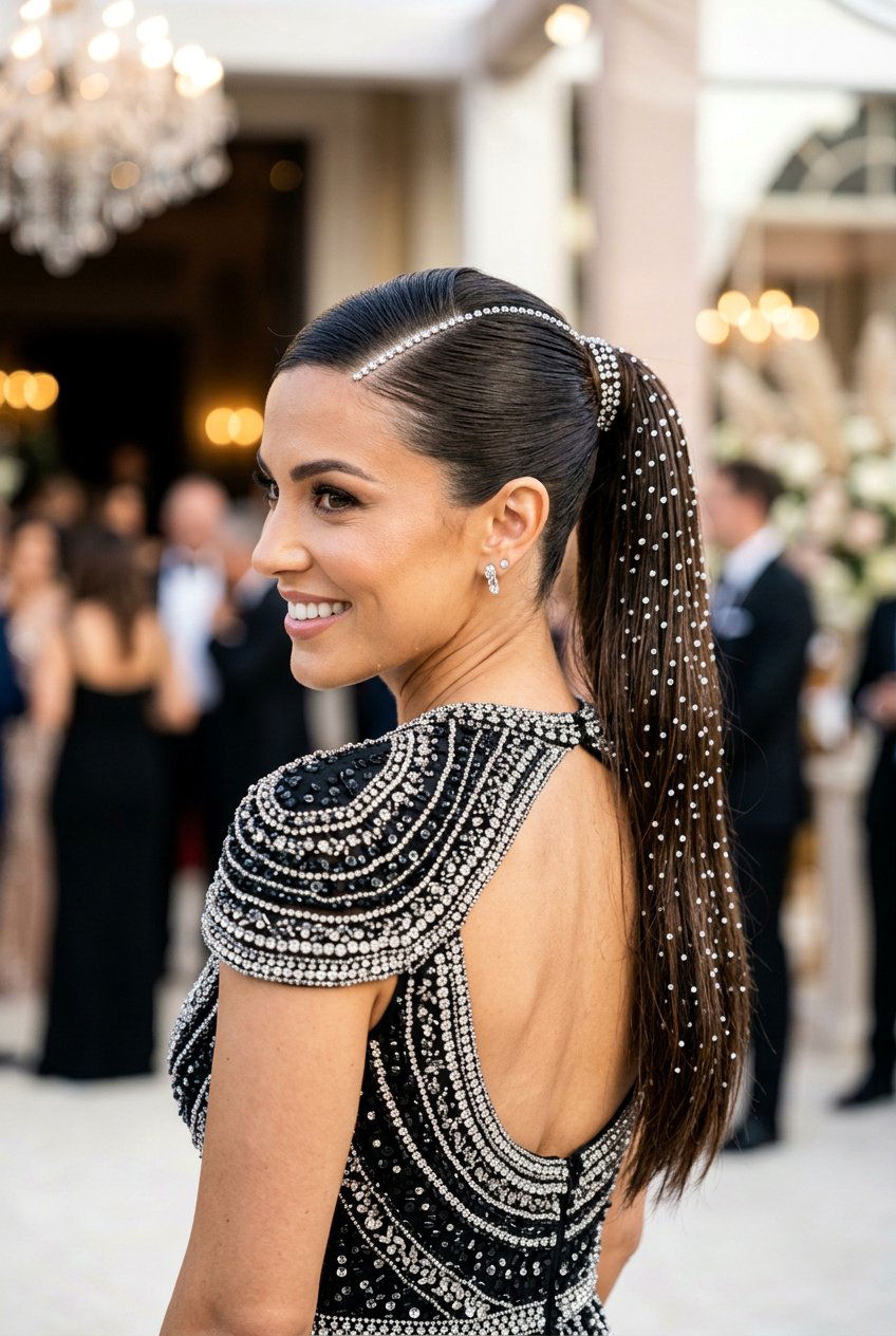 Sleek Ponytail With Rhinestones - 20 prom hairstyle with sleek ponytail - 20 prom hairstyle with sleek ponytail