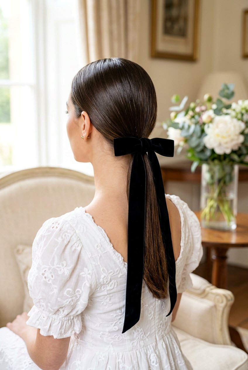 Sleek Ponytail With Velvet Ribbon - 20 prom hairstyle with sleek ponytail - 20 prom hairstyle with sleek ponytail
