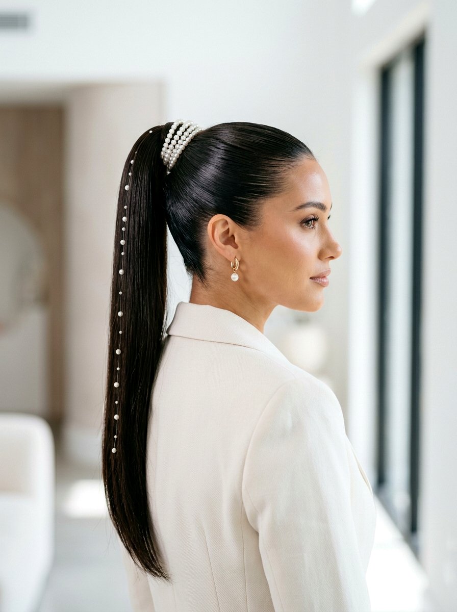 Sleek Ponytail with Pearls - 20 prom hairstyles with pearls - 20 prom hairstyles with pearls