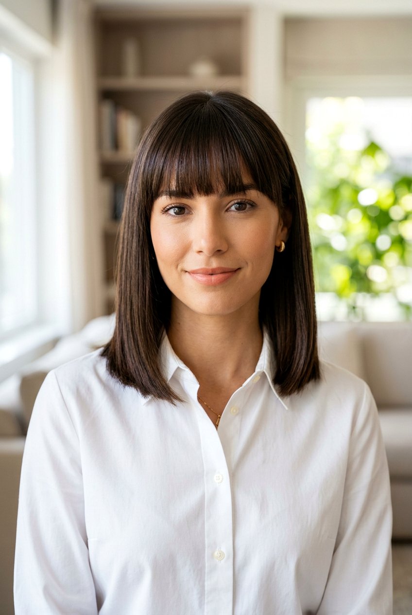 Sleek Shoulder Length Bob With Fringe - 20 medium haircut for square face women - 20 medium haircut for square face women