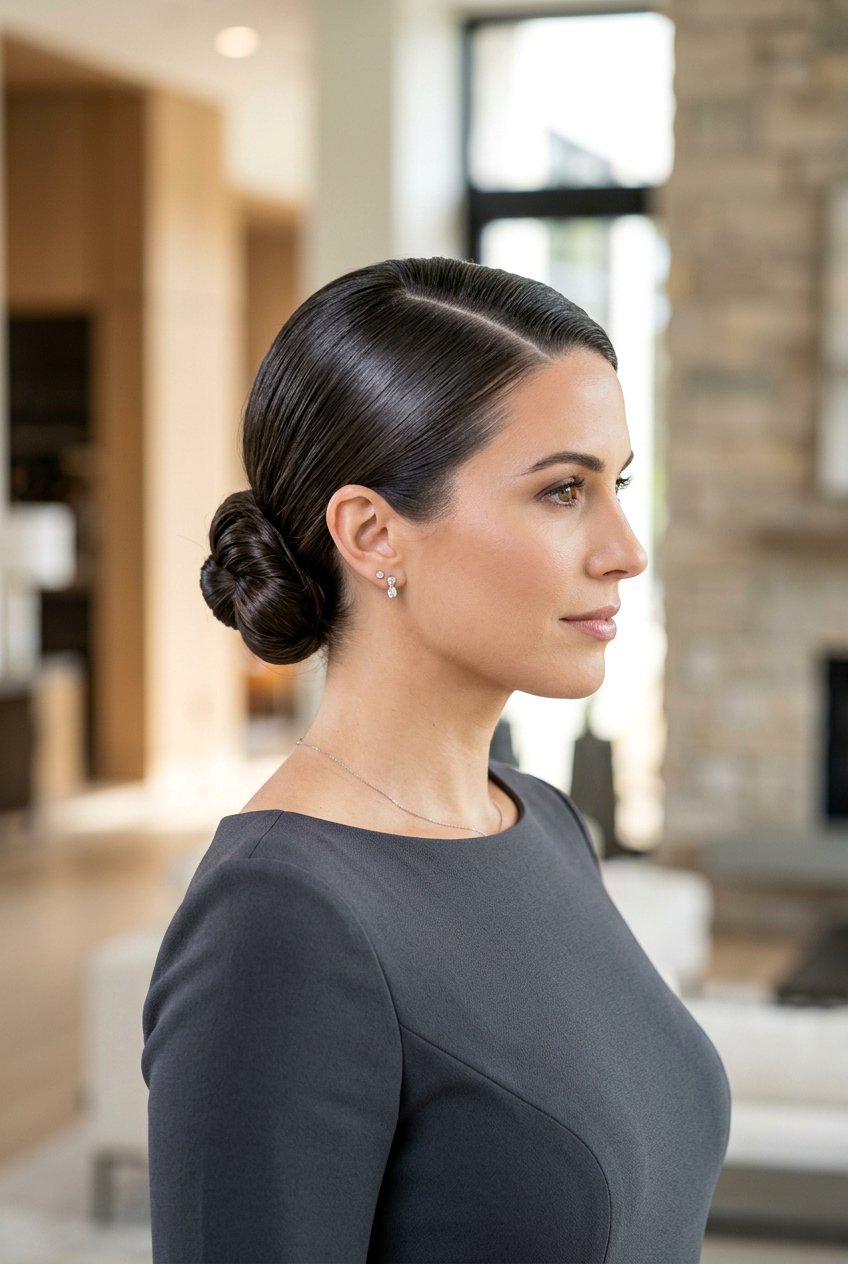 Sleek Side Bun With Deep Side Part - 20 formal wedding guest side bun - 20 formal wedding guest side bun