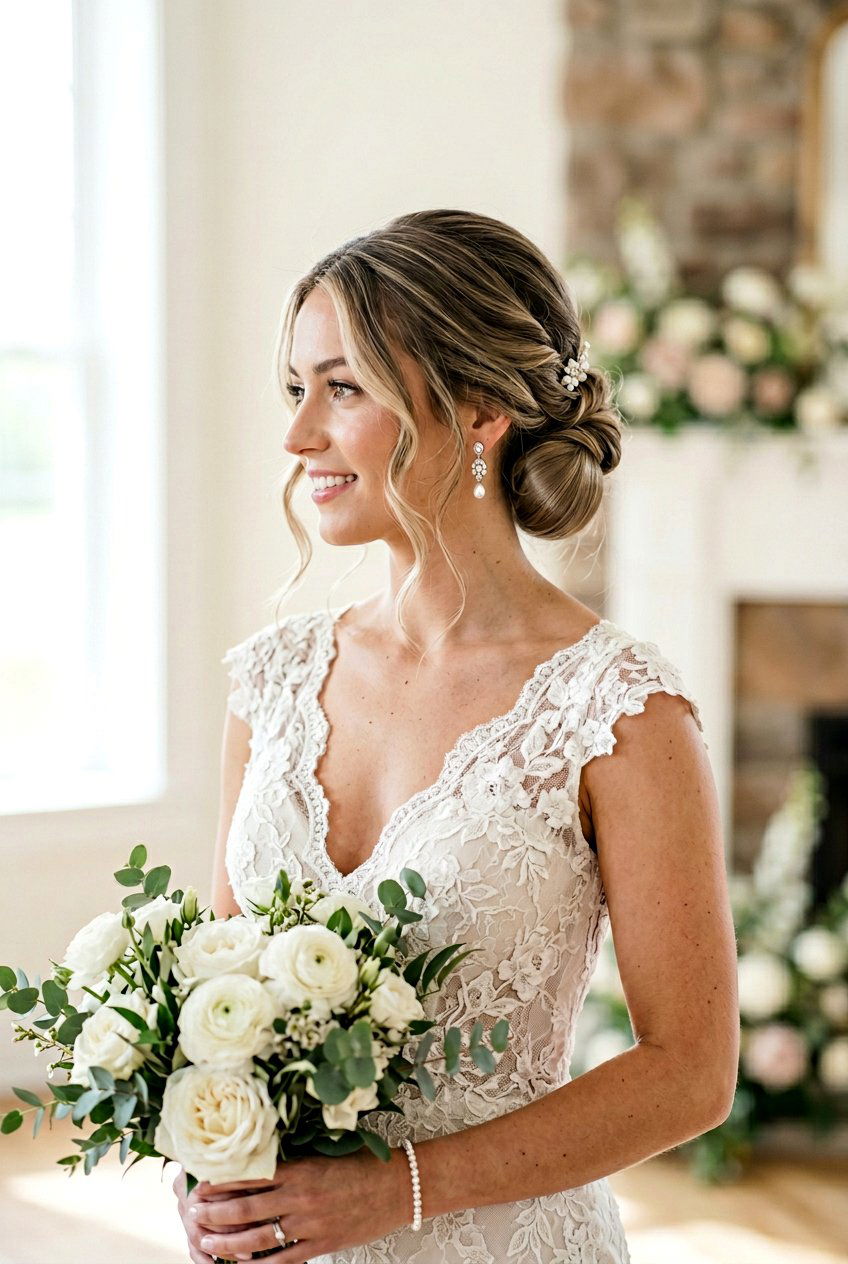 Sleek Side Bun With Face Framaming Tendrils - 20 bridal sleek bun with side part - 20 bridal sleek bun with side part