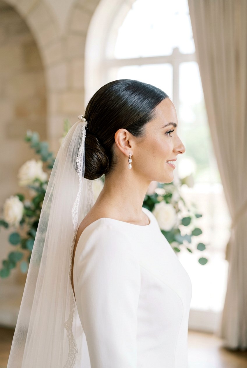 Sleek Side Chignon With Classic Veil - 20 bridal side bun with veil - 20 bridal side bun with veil