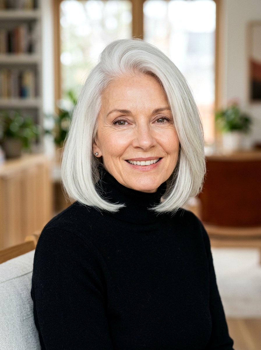 Sleek Side Parted Bob - 20 jaw length bob for fine hair over 60 - 20 jaw length bob for fine hair over 60