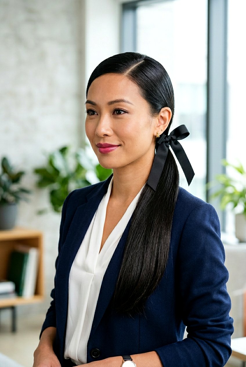 Sleek Side Ponytail With Black Ribbon - 20 side ponytail with ribbon - 20 side ponytail with ribbon