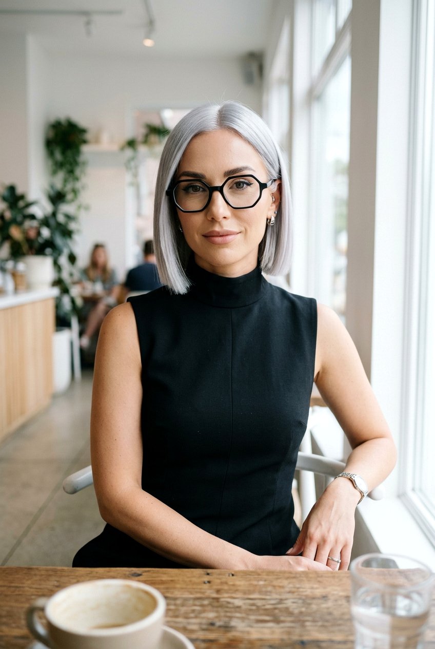 Sleek Silver Blunt Bob - 20 gray hairstyles for women with glasses - 20 gray hairstyles for women with glasses