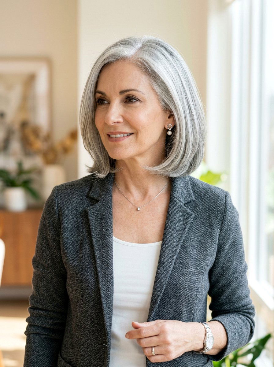 Sleek Silver Layered Bob - 20 sleek bob for mature women - 20 sleek bob for mature women