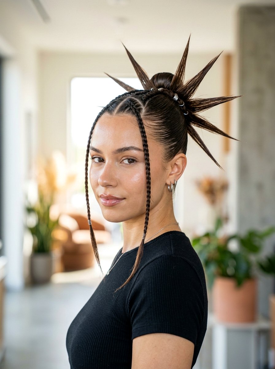 Sleek Spiked Bun With Braided Tendrils - 20 y2k spiky bun hairstyle - 20 y2k spiky bun hairstyle