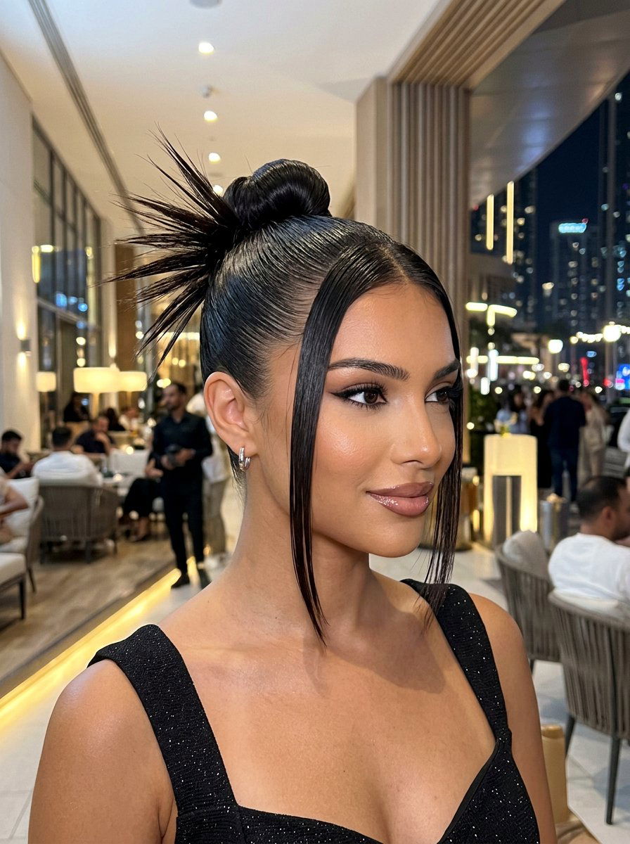 Sleek Spiked Y2K Bun With Face Framing Pieces - 20 y2k spiky bun hairstyle - 20 y2k spiky bun hairstyle