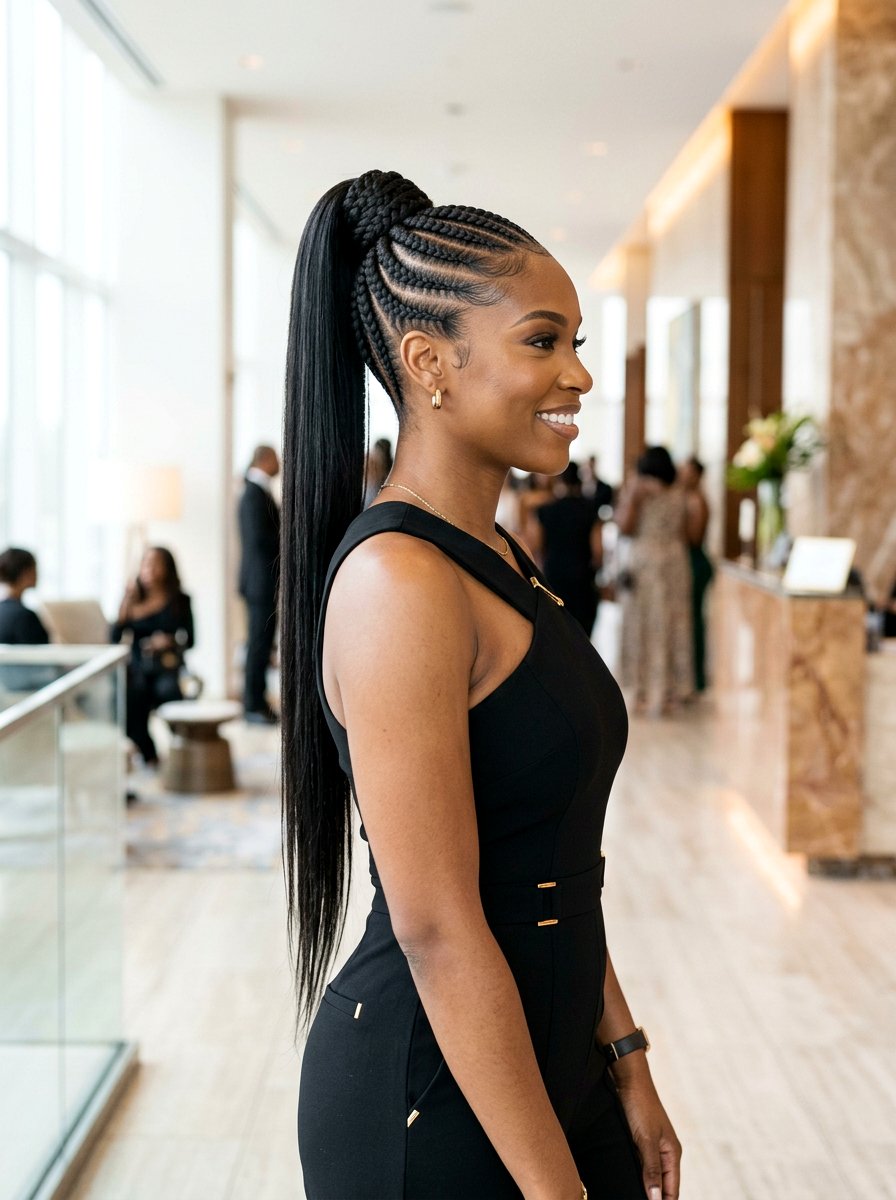 Sleek Straight Back Cornrows Wrap Around Ponytail - 20 straight back cornrows with ponytail - 20 straight back cornrows with ponytail