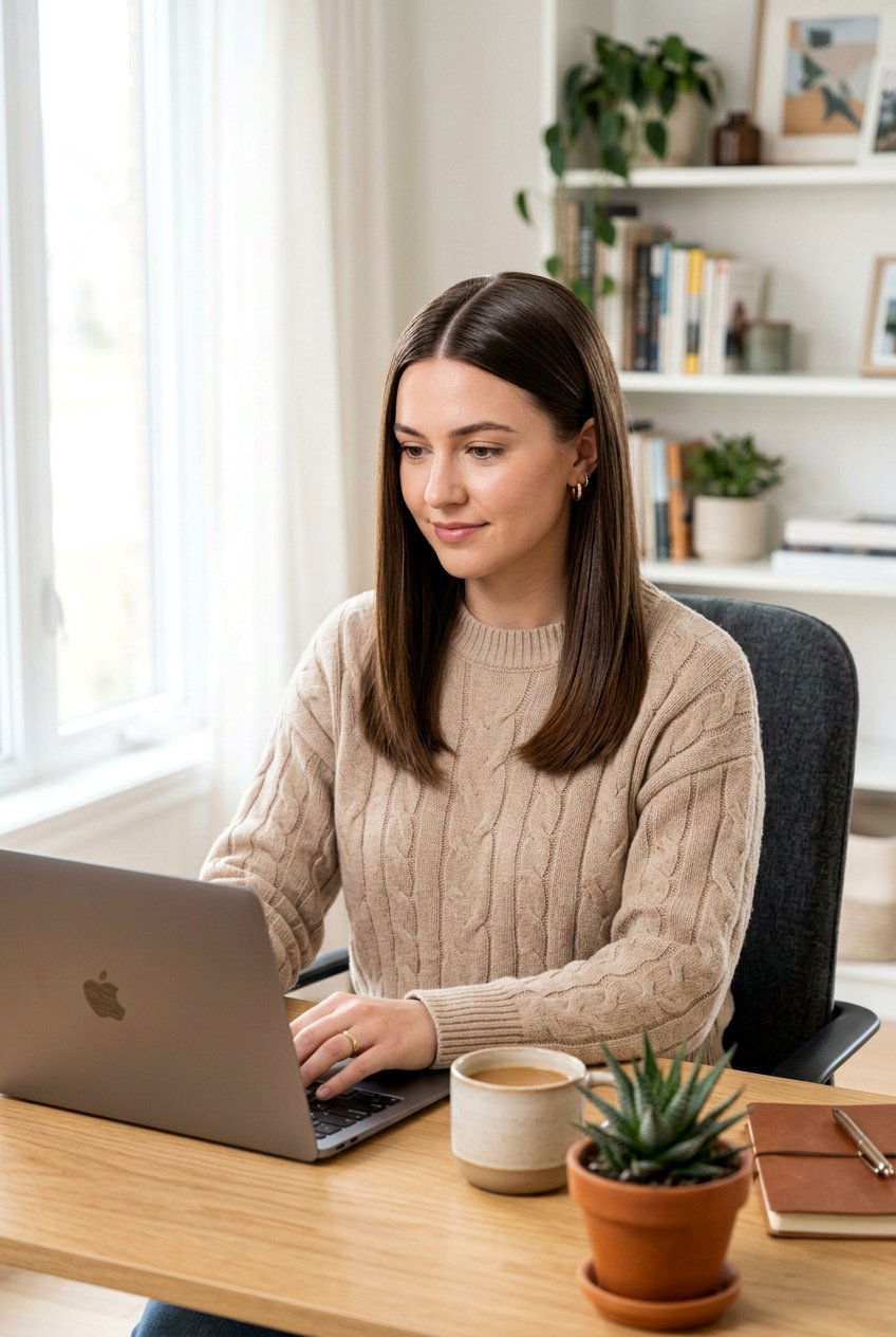 Sleek Straight Center Part For Video Calls - 20 tidy hairstyles for work from home - 20 tidy hairstyles for work from home