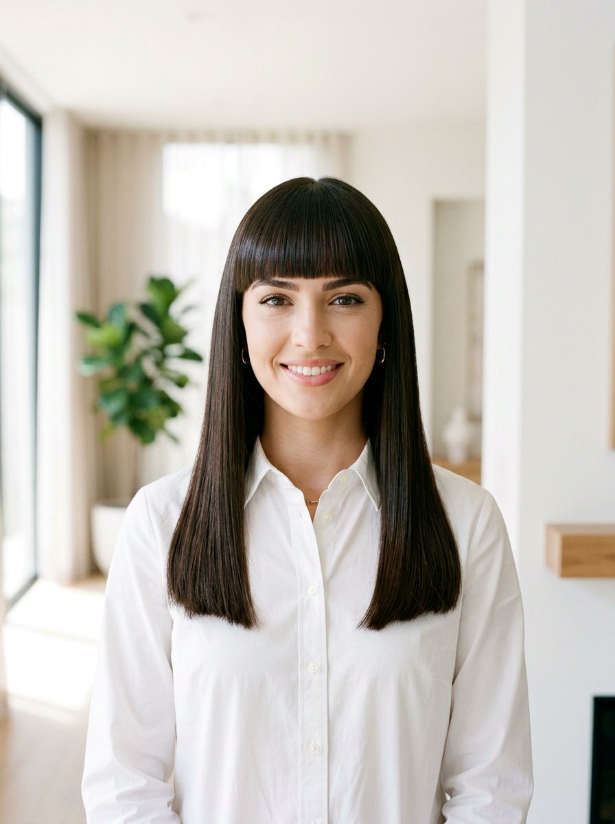 Sleek Straight Hair With Blunt Bangs - 20 simple hairstyle for long layers and bangs - 20 simple hairstyle for long layers and bangs