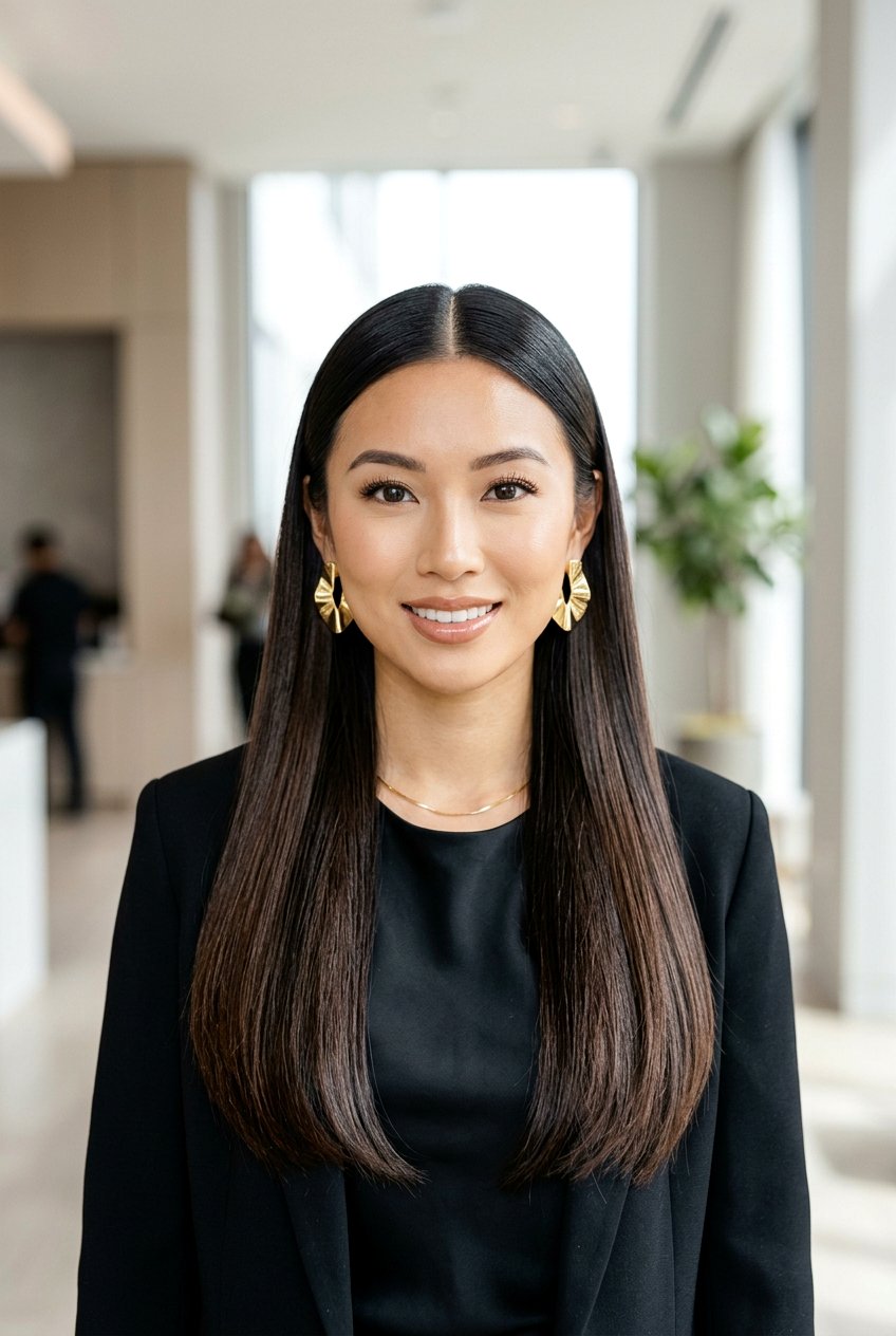 Sleek Straight Hair With Center Part - 20 engagement party hairstyles - 20 engagement party hairstyles