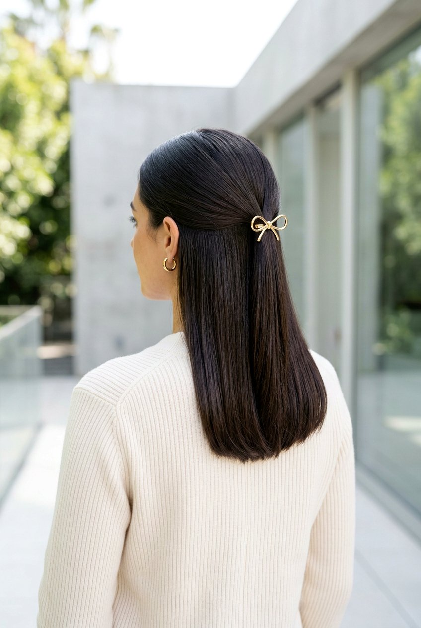 Sleek Straight Hair With Minimalist Bow Clip - 20 bow hairstyles for women - 20 bow hairstyles for women