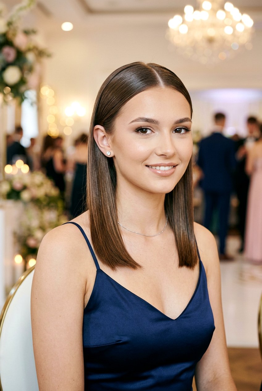 Sleek Straight Hair with Center Part for Prom - 20 prom hairstyles for medium hair - 20 prom hairstyles for medium hair