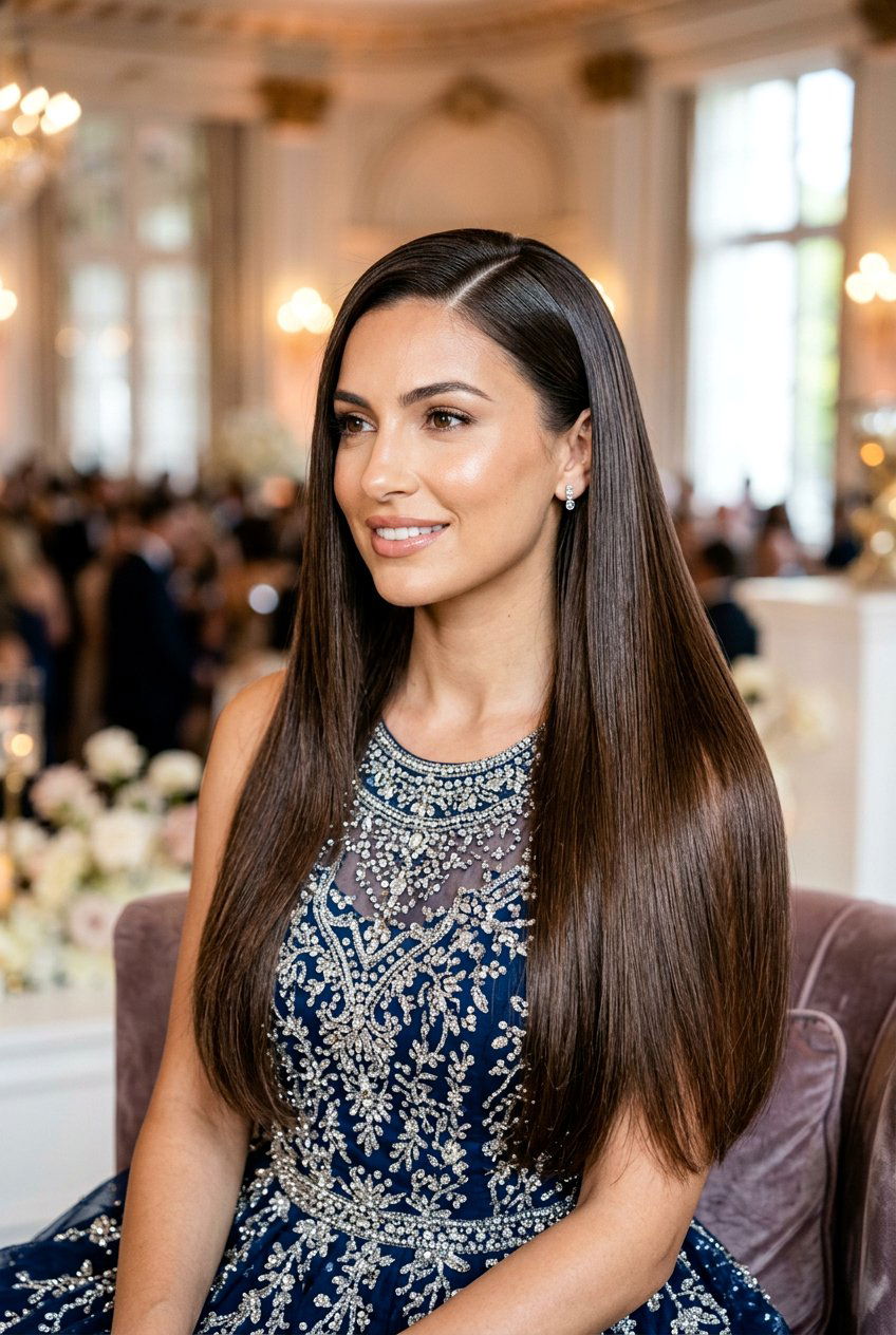Sleek Straight Hair with Deep Side Part - 20 mother of the bride hairstyles - 20 mother of the bride hairstyles