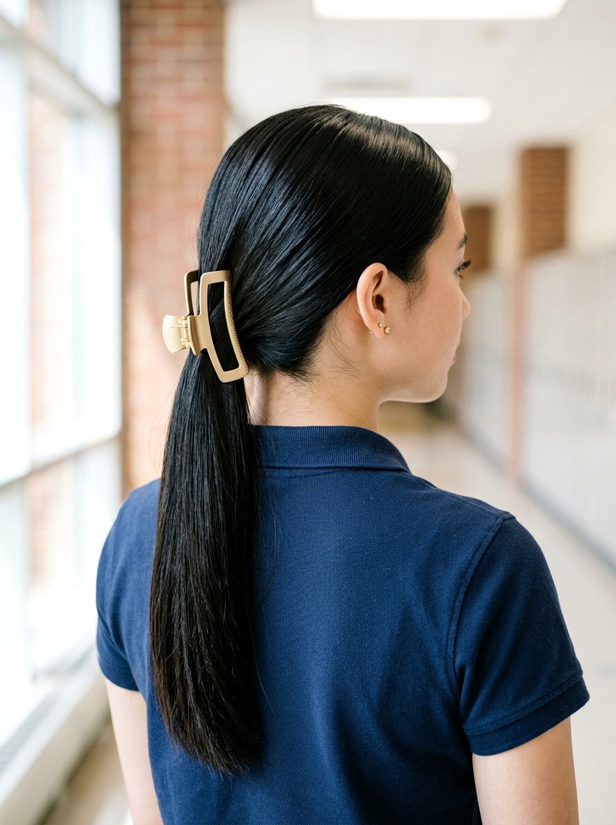 Sleek Straight Ponytail with Metallic Claw Clip - 20 school ponytail with claw clip - 20 school ponytail with claw clip