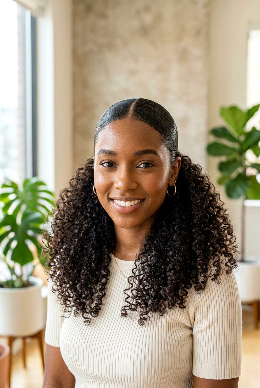 Sleek Top Curly Bottom - 20 bridal hairstyle for long curly hair - 20 bridal hairstyle for long curly hair