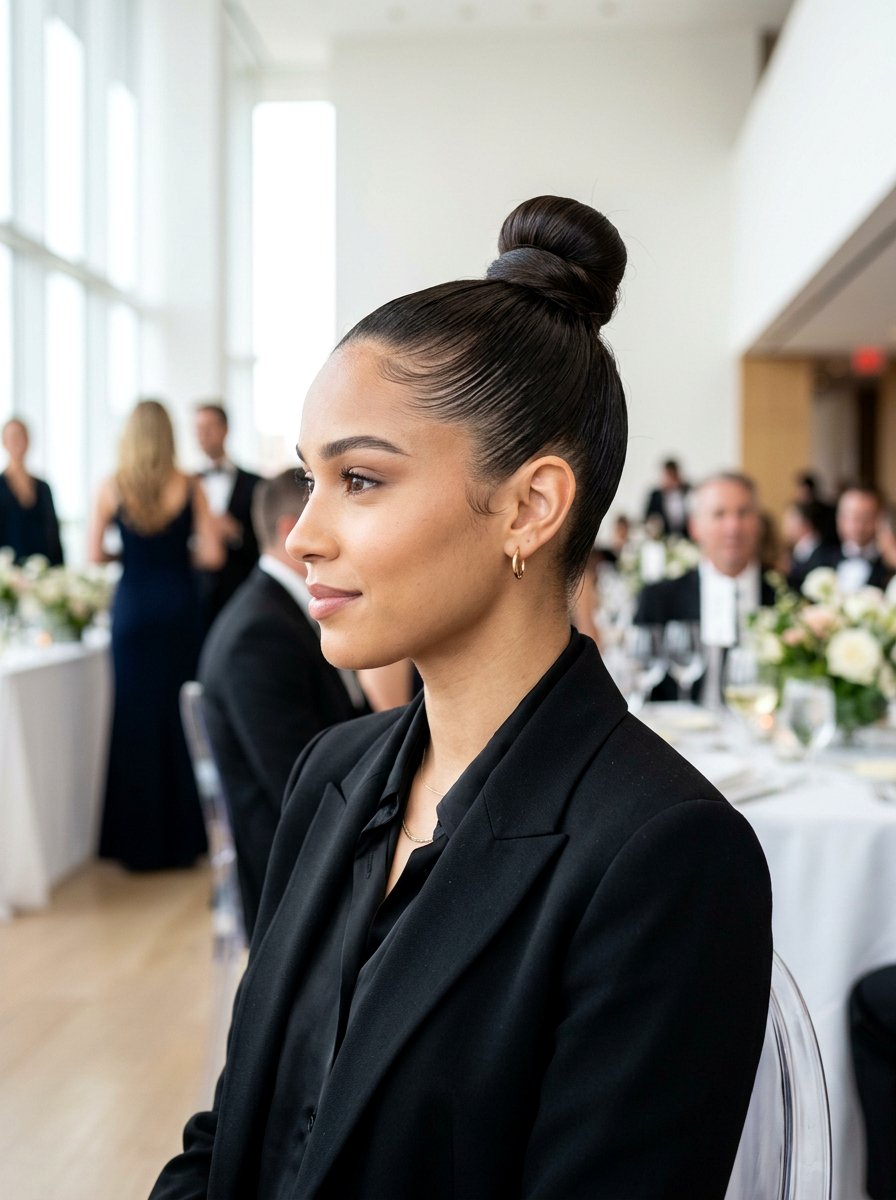 Sleek Top Knot - 20 sleek hairstyle for wedding guest - 20 sleek hairstyle for wedding guest