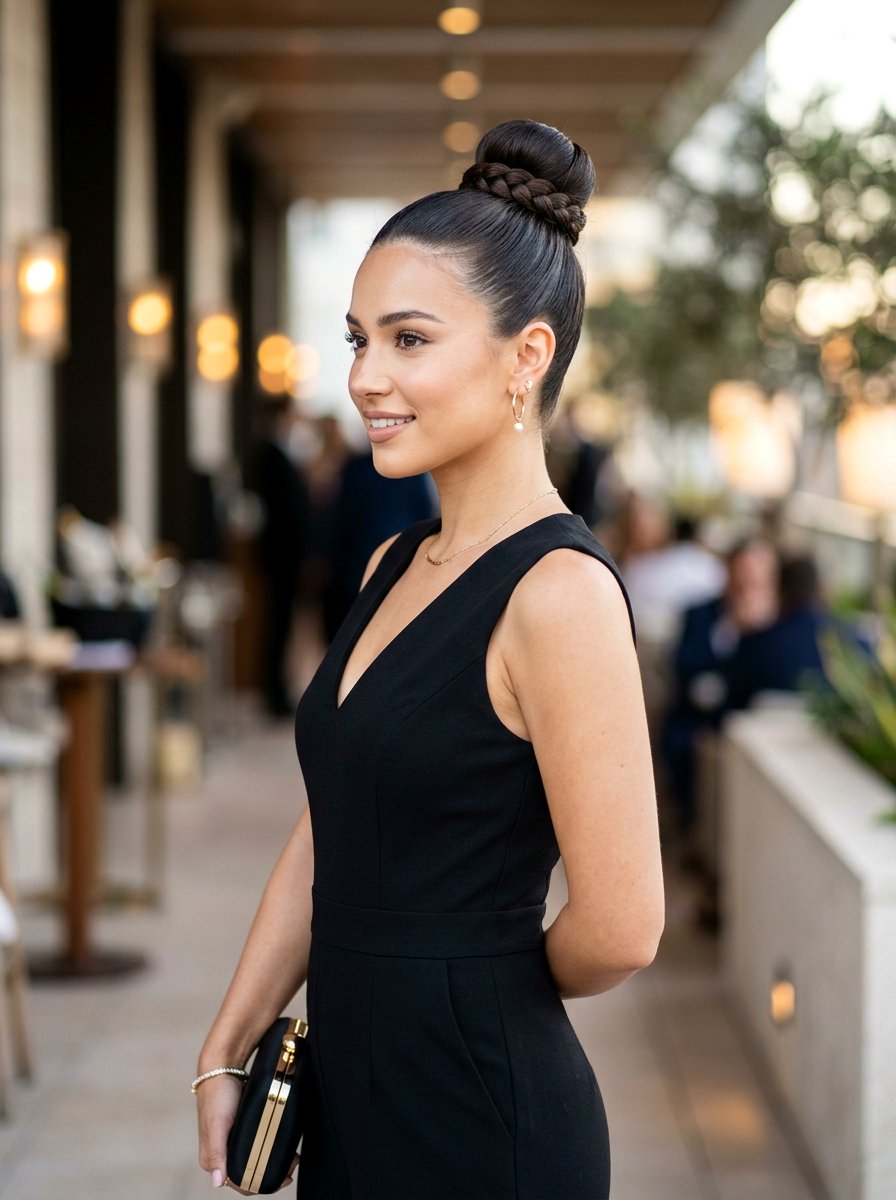 Sleek Top Knot Bun With Braided Wrap - 20 party hairstyle with sleek top knot - 20 party hairstyle with sleek top knot