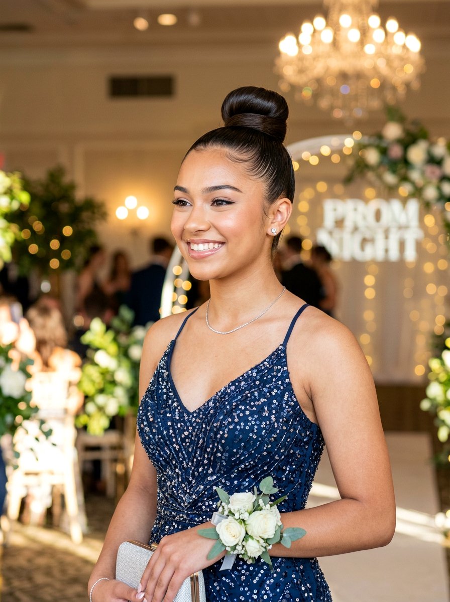 Sleek Top Knot Bun - 20 teen girls prom hairstyle with sleek bun - 20 teen girls prom hairstyle with sleek bun