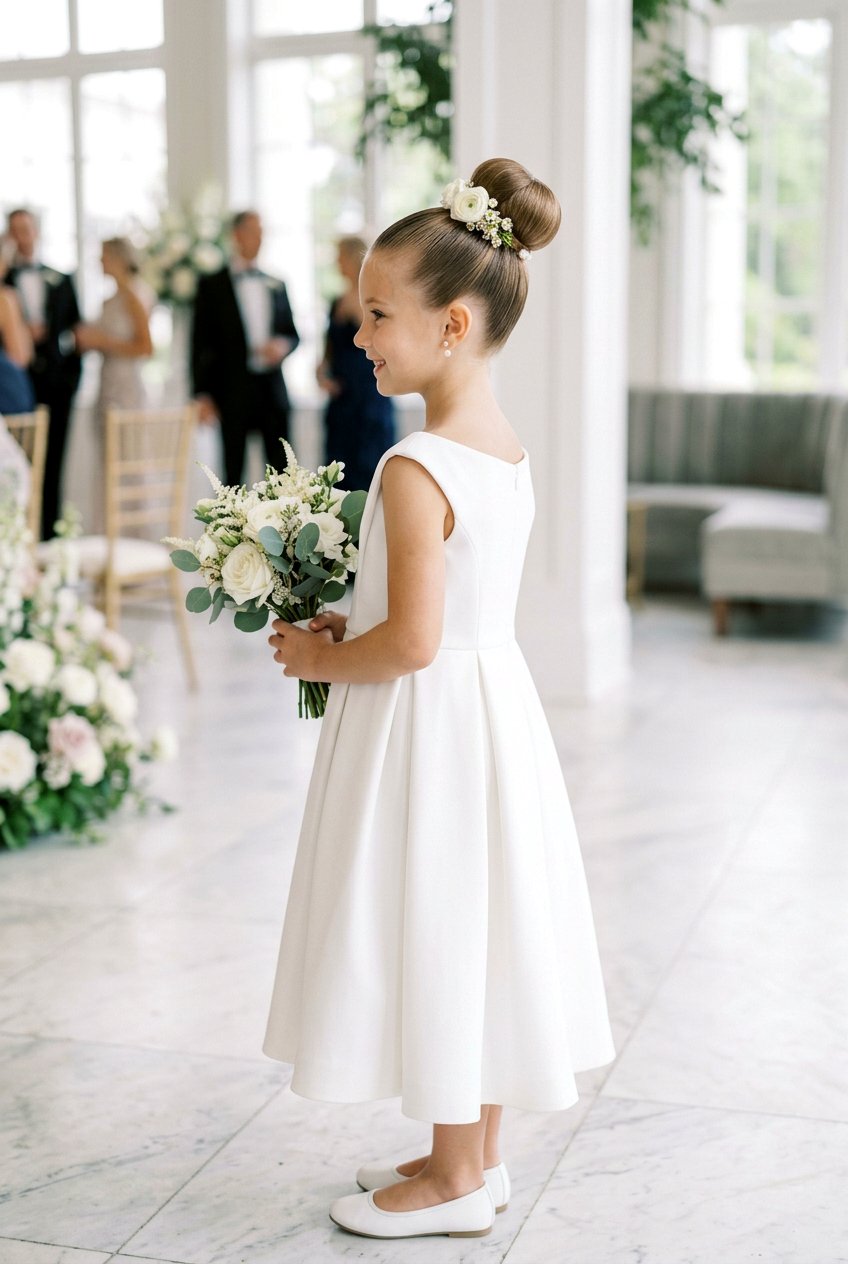 Sleek Top Knot For Flower Girl - 20 flower girl bun hairstyle - 20 flower girl bun hairstyle