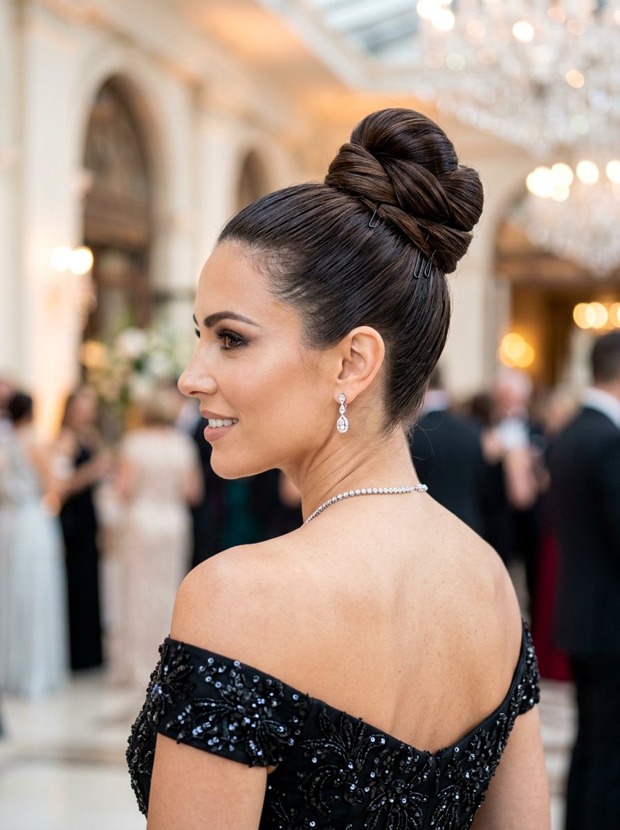 Sleek Top Knot For Long Hair - 20 party hairstyle with sleek top knot - 20 party hairstyle with sleek top knot