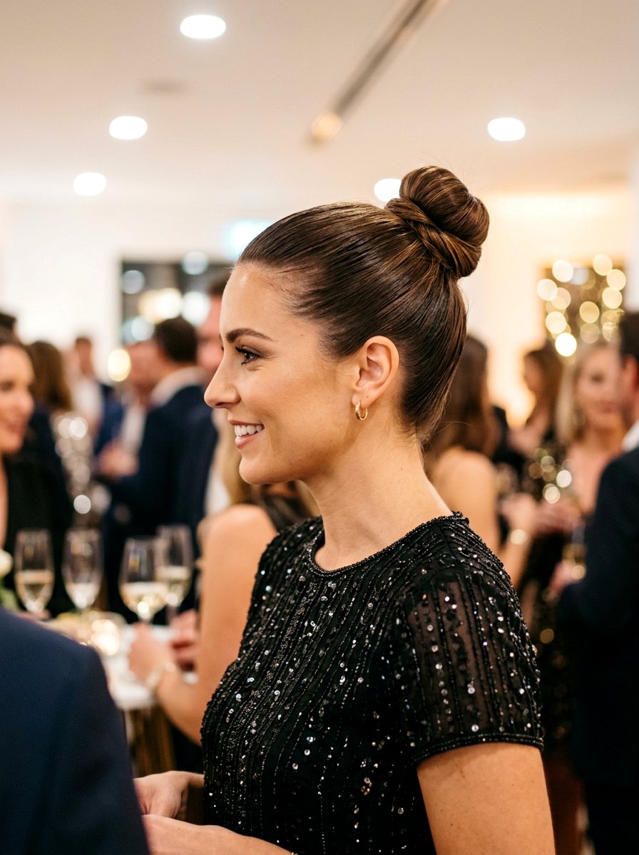 Sleek Top Knot For Medium Hair - 20 party hairstyle with sleek top knot - 20 party hairstyle with sleek top knot