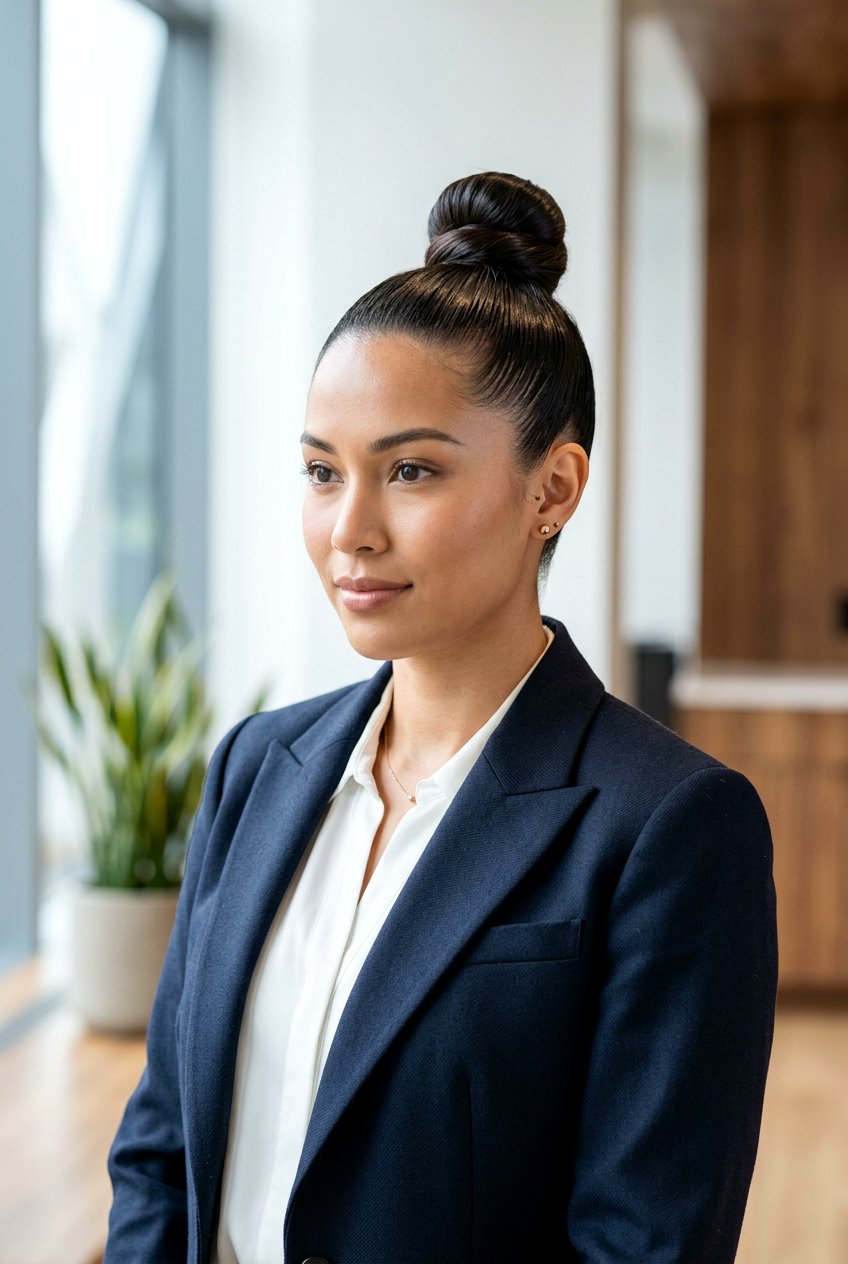 Sleek Top Knot For Office - 20 corporate hairstyles for women - 20 corporate hairstyles for women