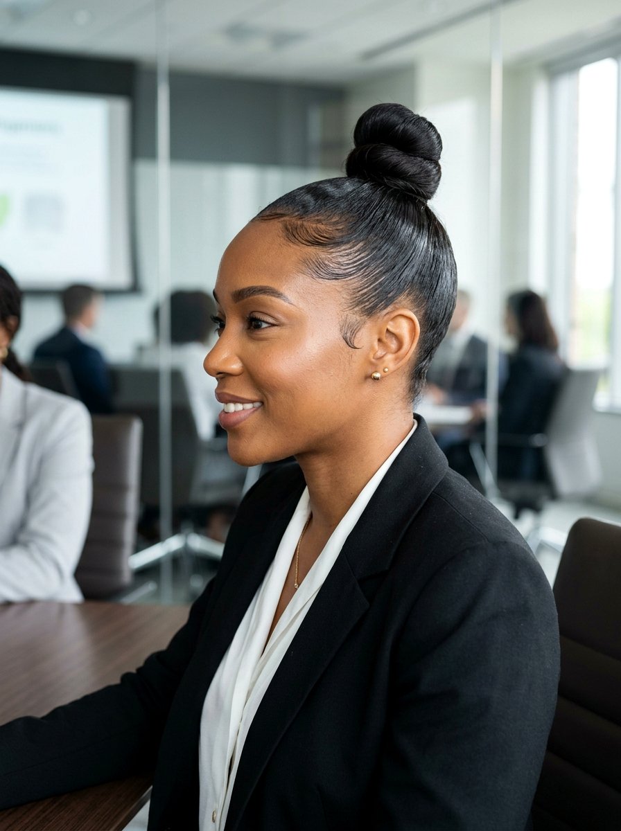 Sleek Top Knot Meeting Hairstyle - 20 easy meeting hairstyle for women - 20 easy meeting hairstyle for women