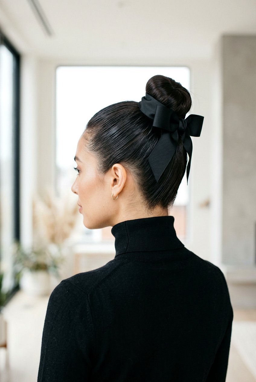 Sleek Top Knot With Bow Wrap - 20 coquette hairstyle with ribbon bow - 20 coquette hairstyle with ribbon bow
