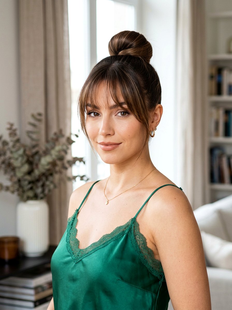 Sleek Top Knot With Curtain Bangs - 20 party hairstyle with sleek top knot - 20 party hairstyle with sleek top knot