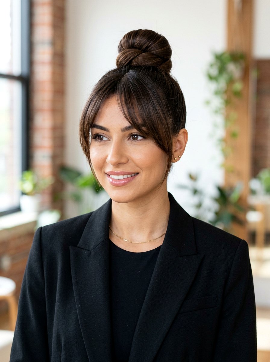 Sleek Top Knot With Face Framing Bangs - 20 office hairstyle for women with bangs - 20 office hairstyle for women with bangs