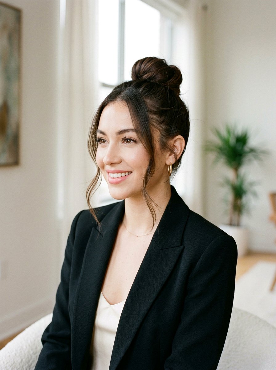 Sleek Top Knot With Face Framing Strands - 20 party hairstyle with sleek top knot - 20 party hairstyle with sleek top knot