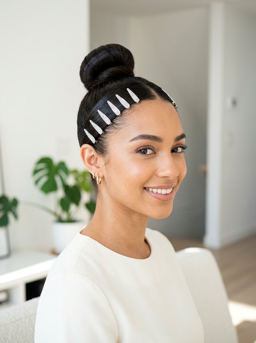 Sleek Top Knot With Glitter Clips - 20 party hairstyle with glitter clips - 20 party hairstyle with glitter clips