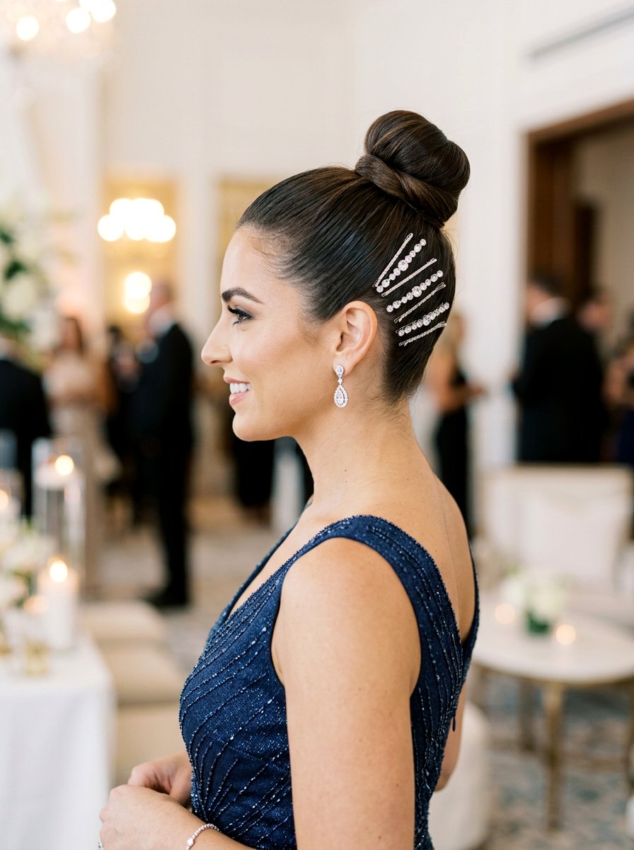 Sleek Top Knot With Hair Accessories - 20 party hairstyle with sleek top knot - 20 party hairstyle with sleek top knot