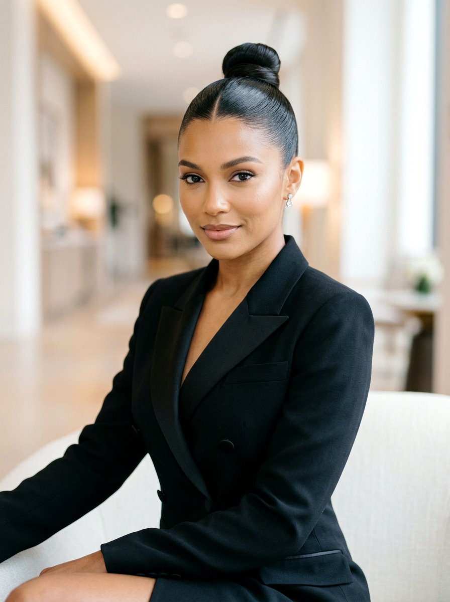 Sleek Top Knot With Middle Part - 20 party hairstyle with sleek top knot - 20 party hairstyle with sleek top knot