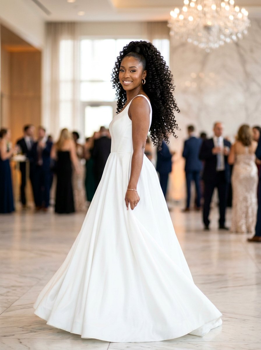 Sleek Voluminous Curly Ponytail At The Crown - 20 sleek prom ponytail with curls - 20 sleek prom ponytail with curls