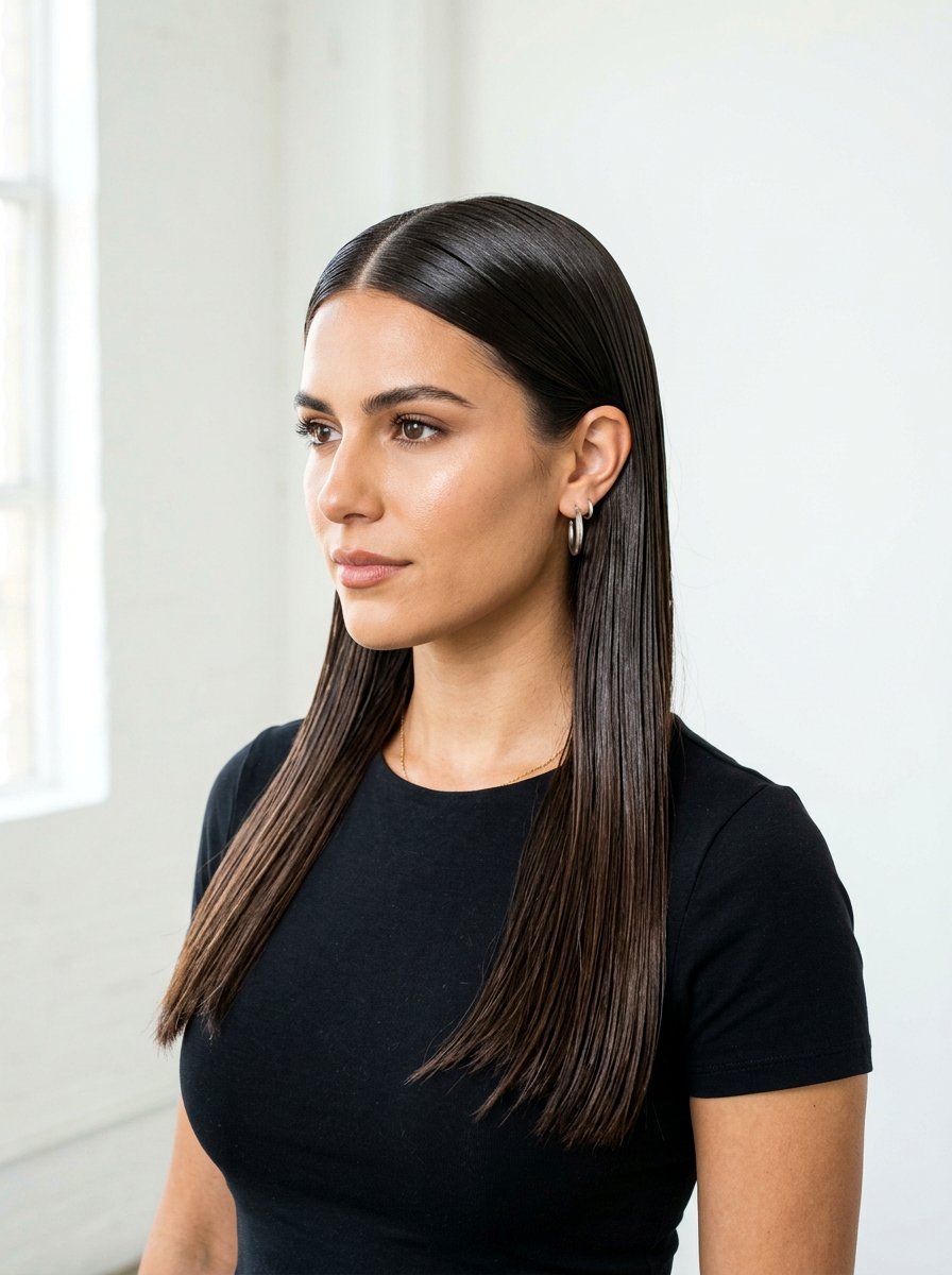 Sleek Wet Look Middle Part - 20 runway wet look hairstyle - 20 runway wet look hairstyle