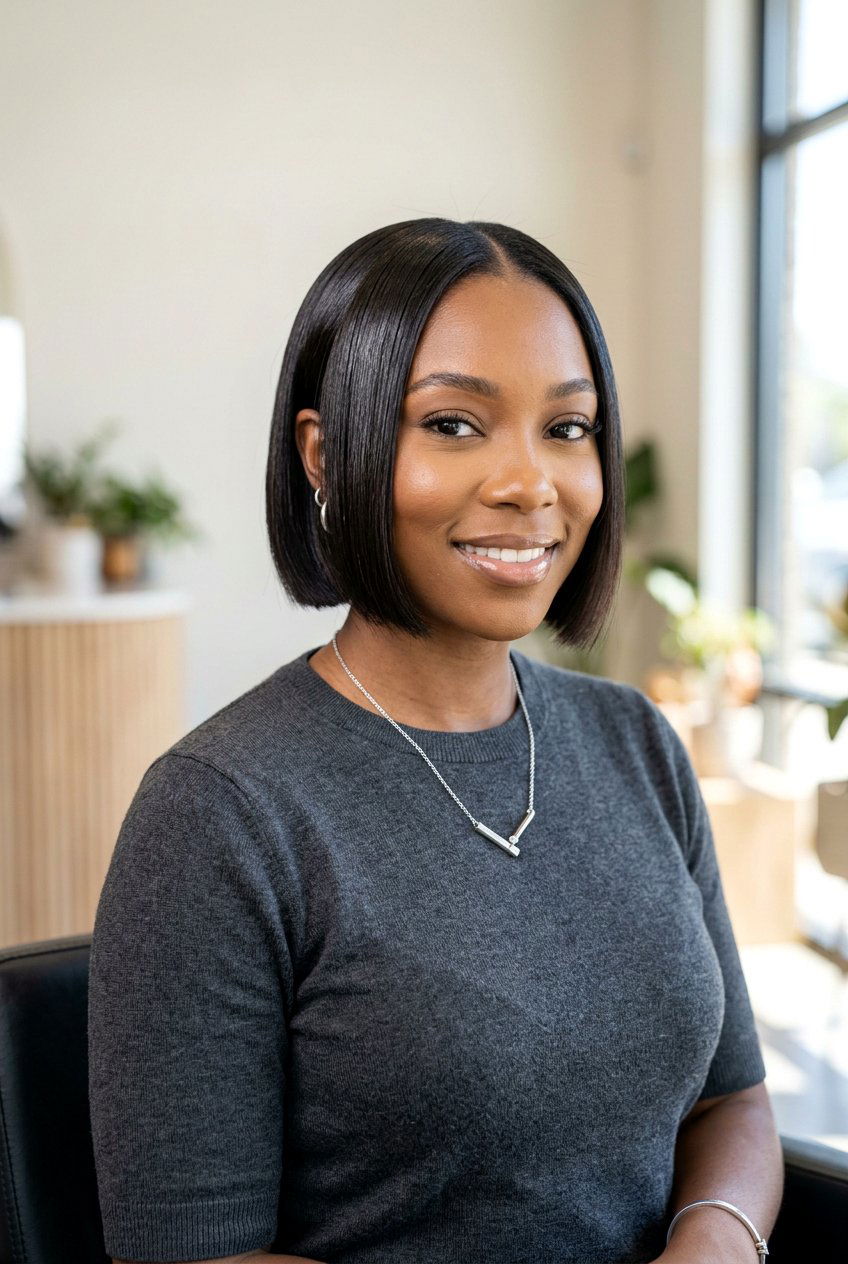 Sleek ear length silk press - 20 silk press on short natural bob - 20 silk press on short natural bob