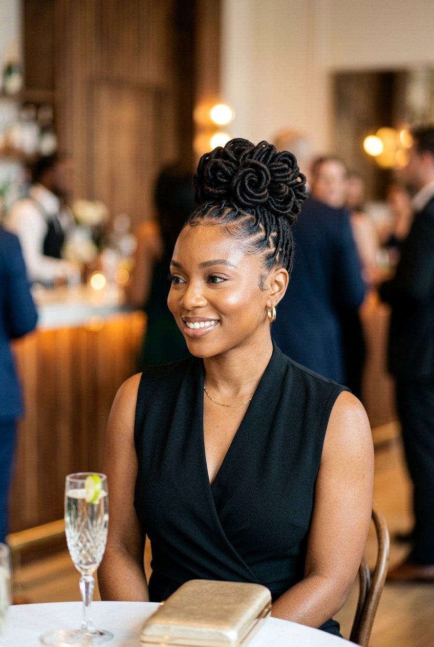 Sleek loc petal bun - 20 loc petal bun hairstyle - 20 loc petal bun hairstyle